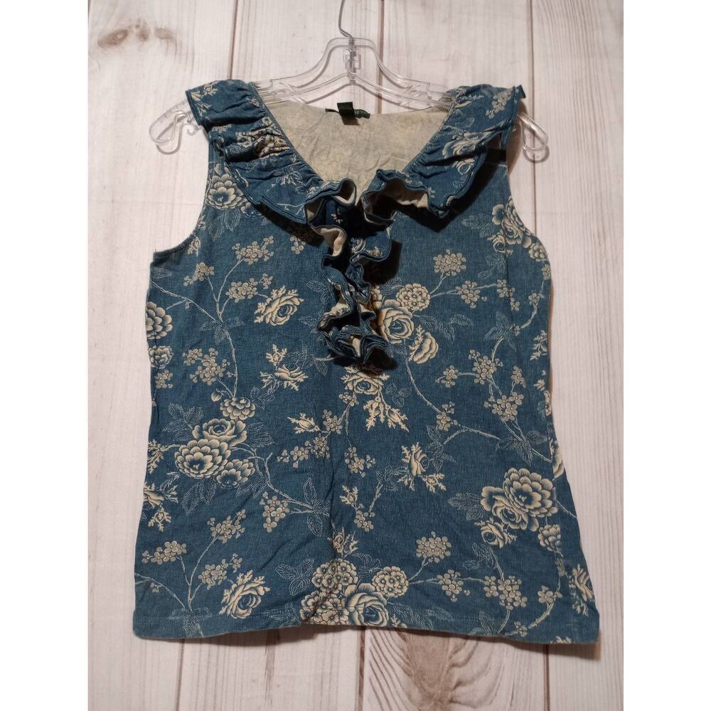 Lauren Ralph‎ Lauren Shirt Ladies Small Blue Cream Sleeveless Ruffle